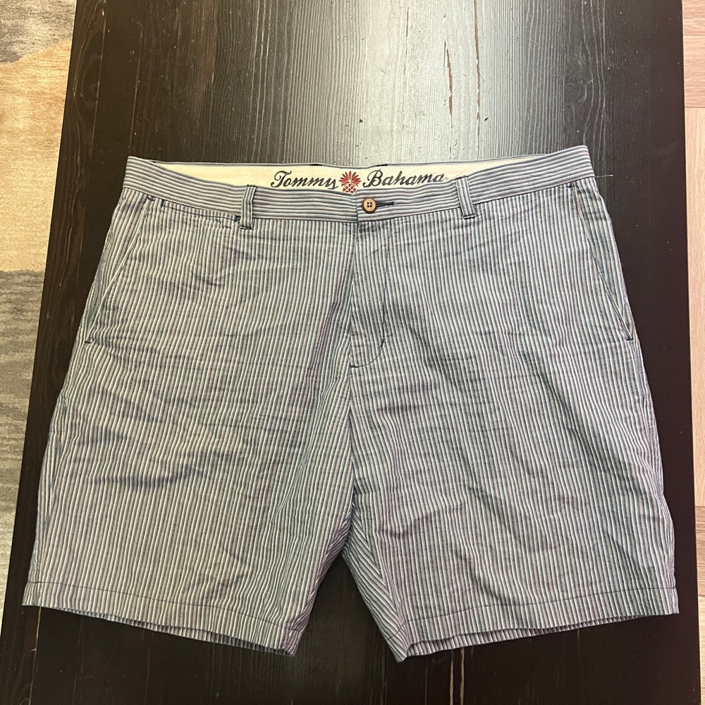Tommy Bahama Shorts Mens 42 Blue White Searsucker Cotton Pockets Striped Zipper